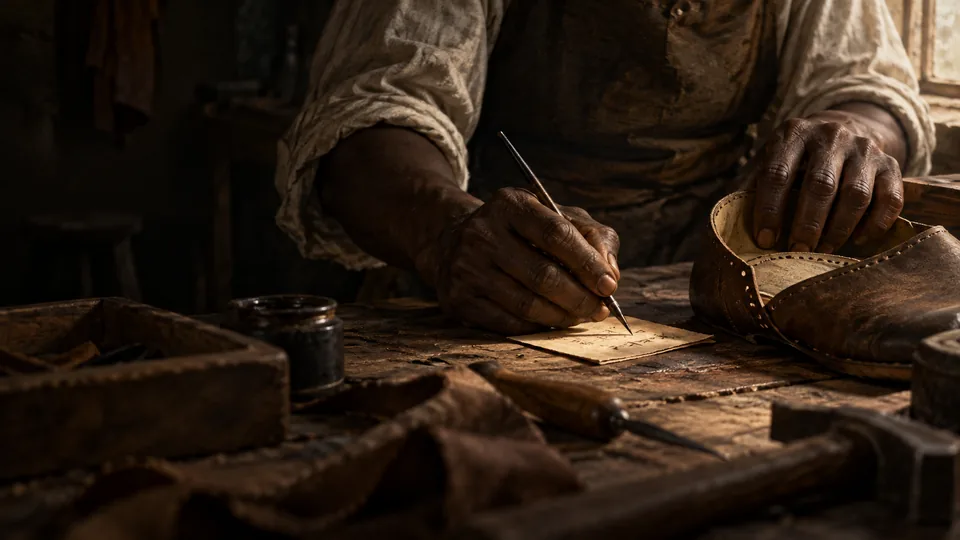 AI-generated interpretation of hands practicing writing at a shoemaker’s bench.