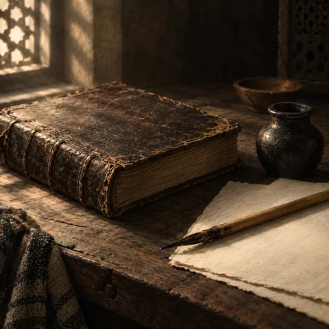 AI illustration: a book, reed pen and ink, symbolizing Omar ibn Said’s scholarship