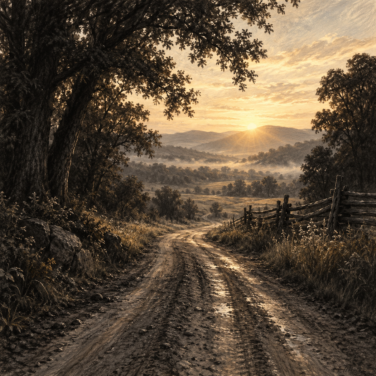 AI illustration: an open rural road, symbolizing Robert Falls claiming freedom