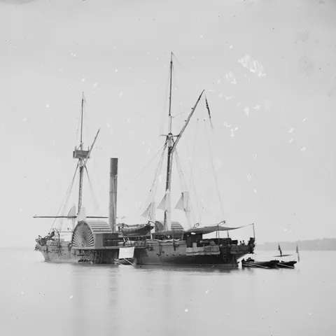 Archival photograph: the side-wheel gunboat Maratanza at anchor on the James River, 4 July 1862